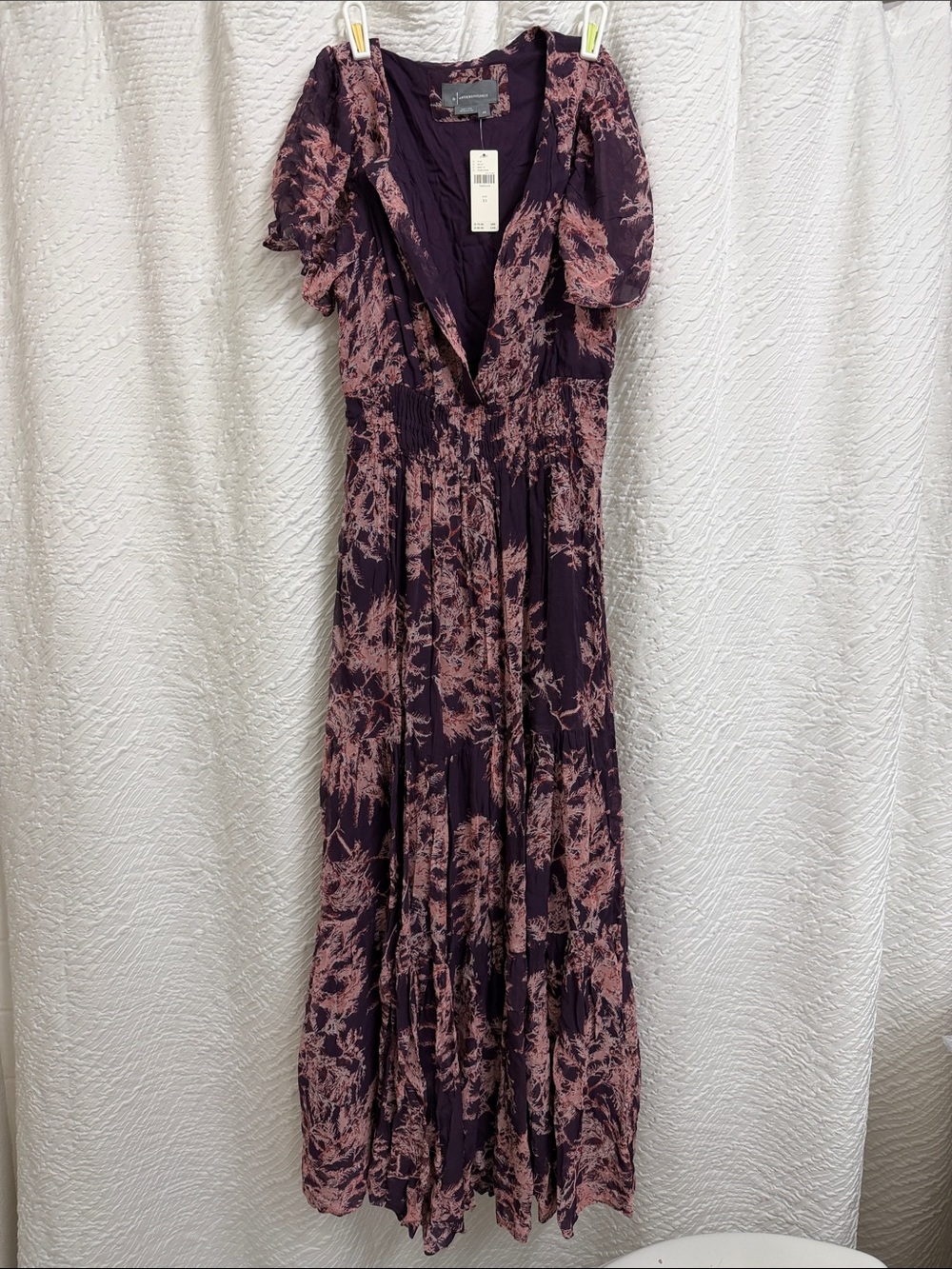 Anthropologie Purple Maxi Dress with Pink Floral Print
